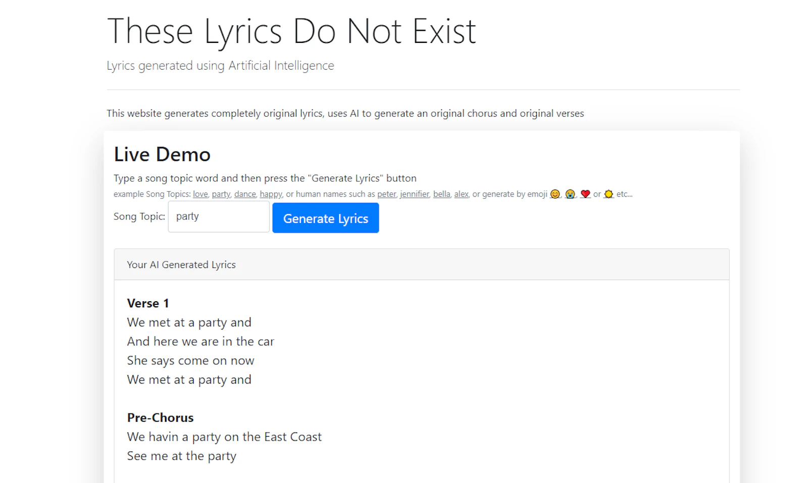 These Lyrics Do Not Exist screenshot — Song lyrics generated for any topic using AI