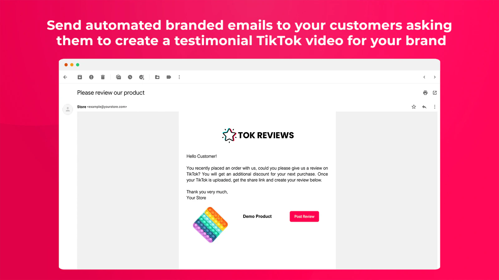 Tok Reviews screenshot — Let your clients add their TikToks to your Shopify products