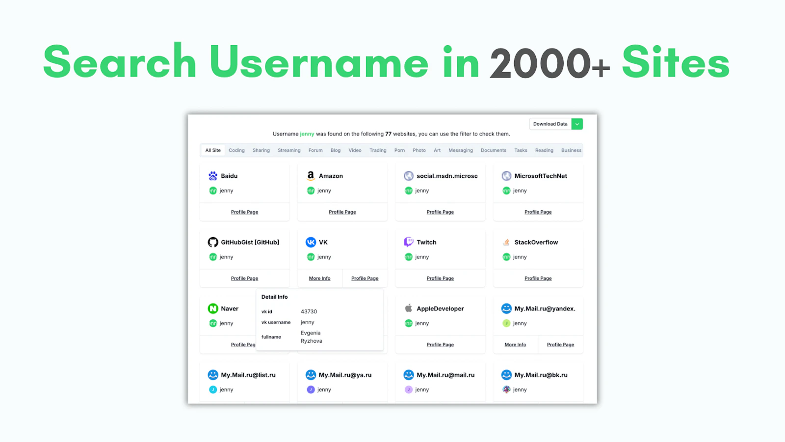 User Searcher screenshot — Search usernames in 2000+ websites