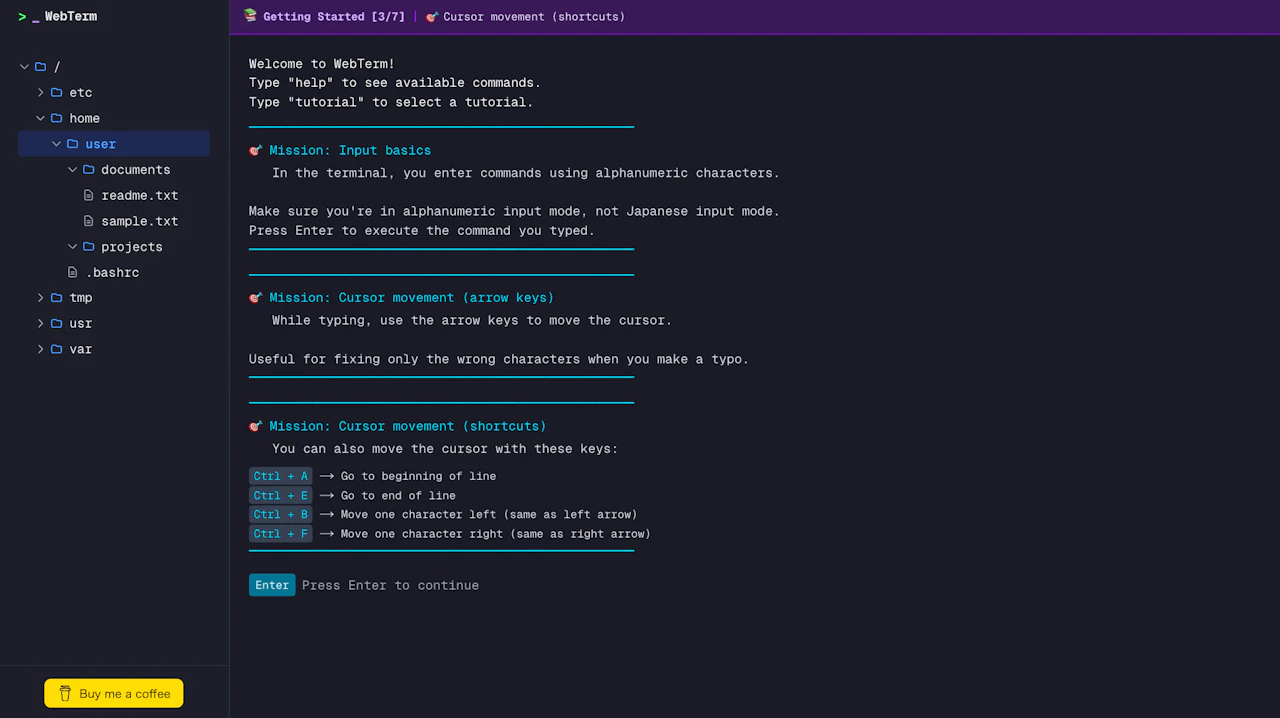 WebTerm screenshot — A browser terminal sandbox for learning CLI without fear