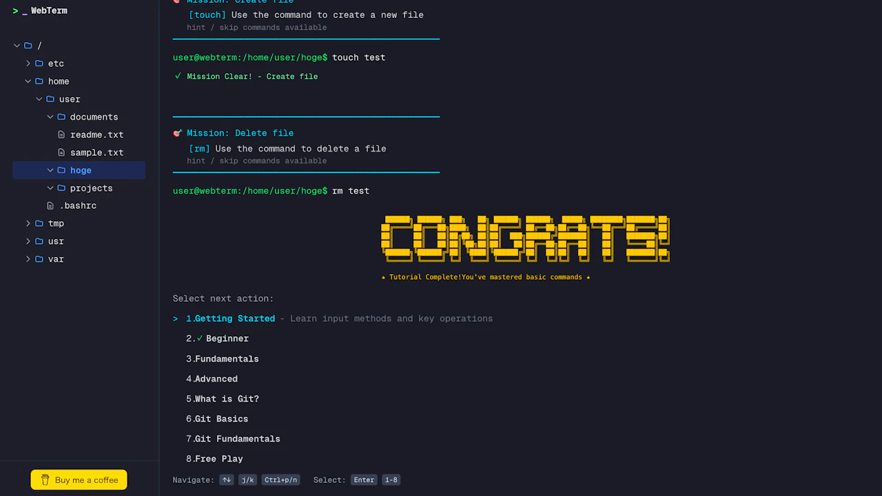 WebTerm screenshot — A browser terminal sandbox for learning CLI without fear