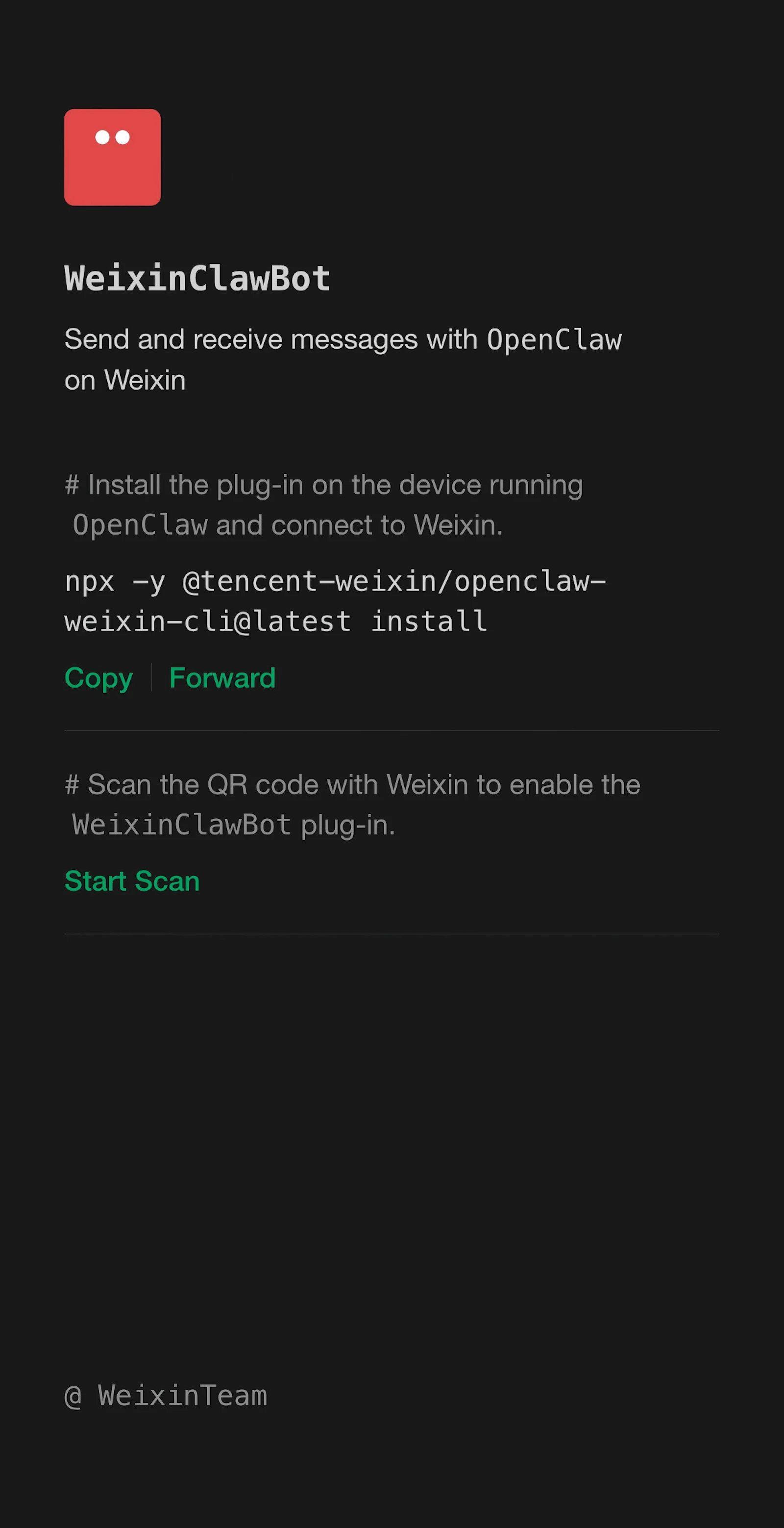 WeixinClawBot screenshot — The official WeChat pipeline for OpenClaw