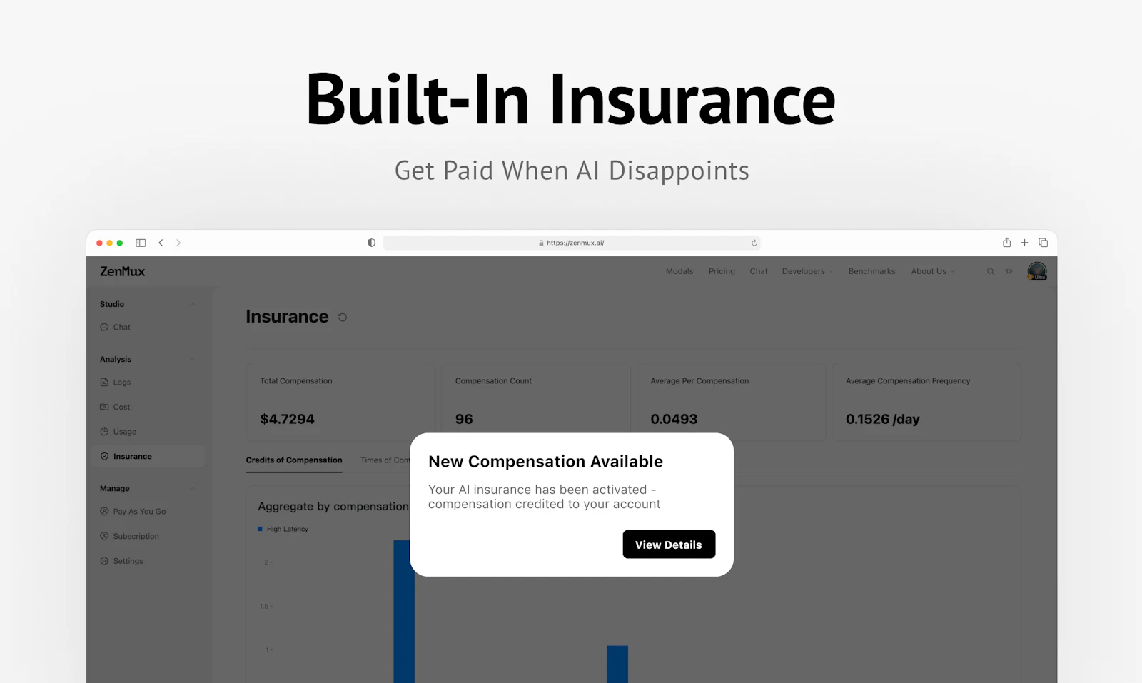 ZenMux screenshot — An enterprise-grade LLM gateway with automatic compensation