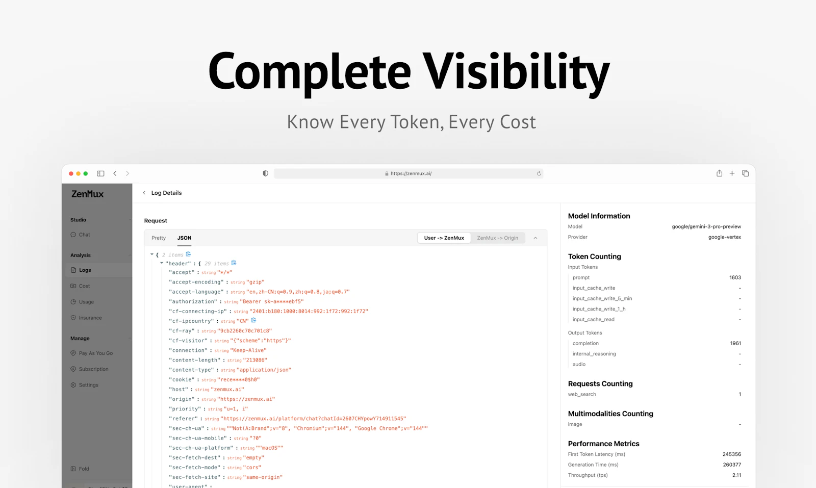 ZenMux screenshot — An enterprise-grade LLM gateway with automatic compensation
