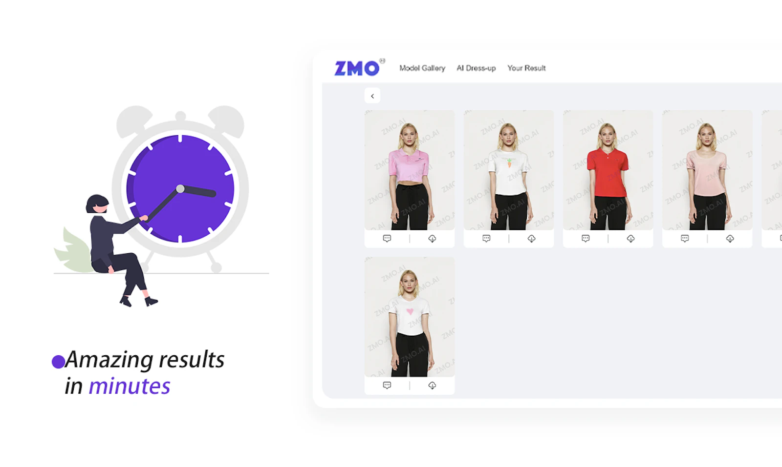 ZMO screenshot — High-quality on-model imagery generated by AI